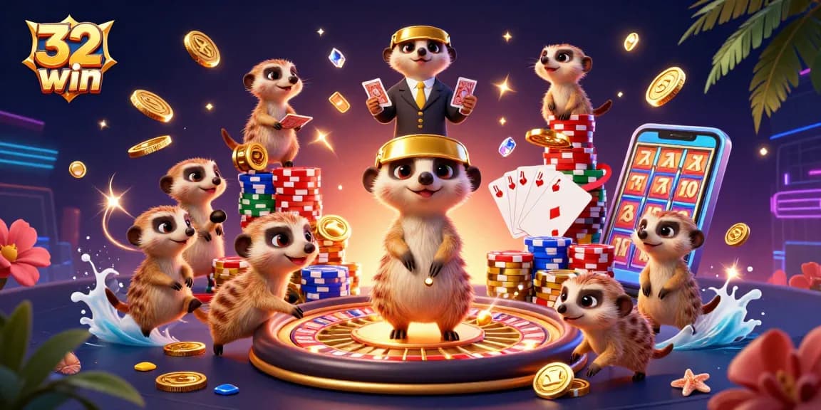 Experience thrilling gameplay at 32win with meerkats operating a vibrant casino environment featuring various gaming elements.
