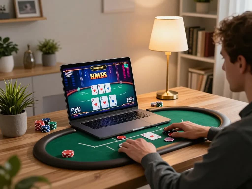 MM88 player enjoying online poker with strategy notes and gaming interface on laptop