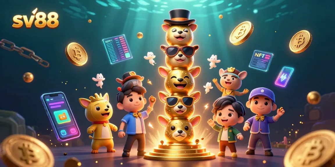 Win big with sv88 at this vibrant crypto casino scene filled with fun characters and game elements.