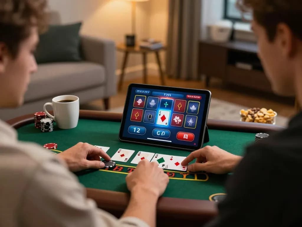 rokok88 player engaging with live blackjack on tablet in a cozy home setting