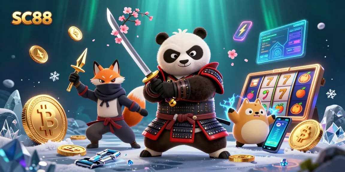 Engage in thrilling gameplay with SC88, illustrated with dynamic ninjas and slot elements.