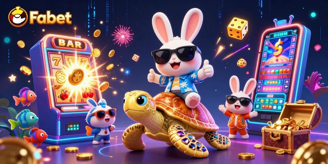 Experience excitement with Fabet's vibrant 3D casino scene showcasing lucky rabbit, golden turtle, and jackpot elements.
