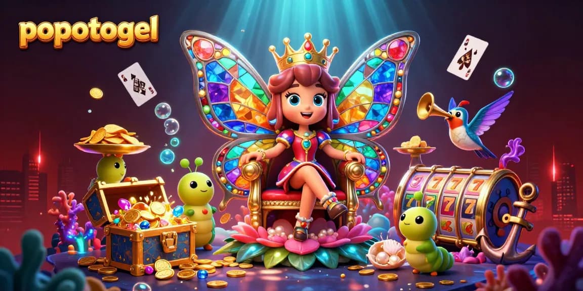 Experience the thrill of popotogel with vibrant visuals of a butterfly queen amidst casino treasures.