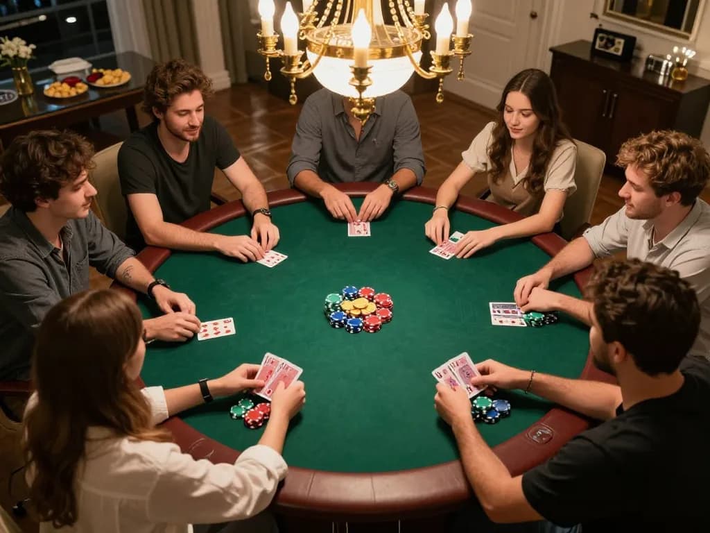 Players enjoying an engaging poker game night while using rokok 88 products in a vibrant home setting.