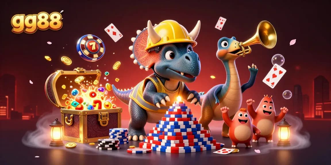 Experience winning thrills with gg88 as a triceratops and friends build a poker chip pyramid in a vibrant casino scene.