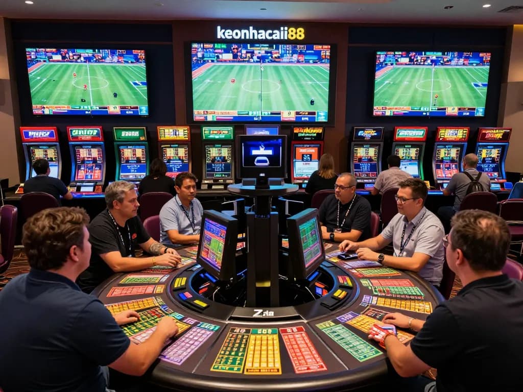 Active sports betting scene at keonhacaii88 with enthusiastic bettors reviewing odds