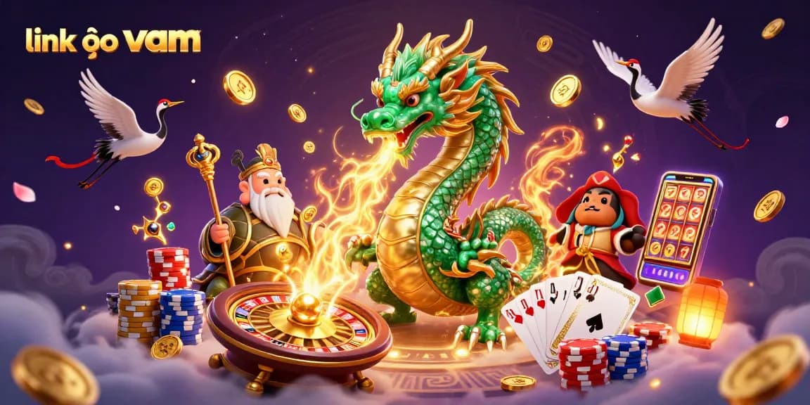 Bet on luck with the dynamic scene showcasing the link vào vmax, featuring a jade dragon and lucky symbols.
