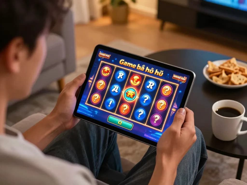 Player enjoying Game bài nổ hũ on tablet, showcasing vibrant gameplay and a cozy atmosphere.