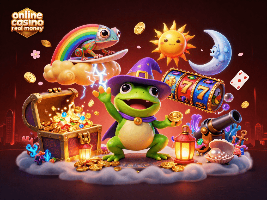 Engage in online casino real money with exciting visuals of a wizard frog and chameleon amidst gold and vibrant game elements.