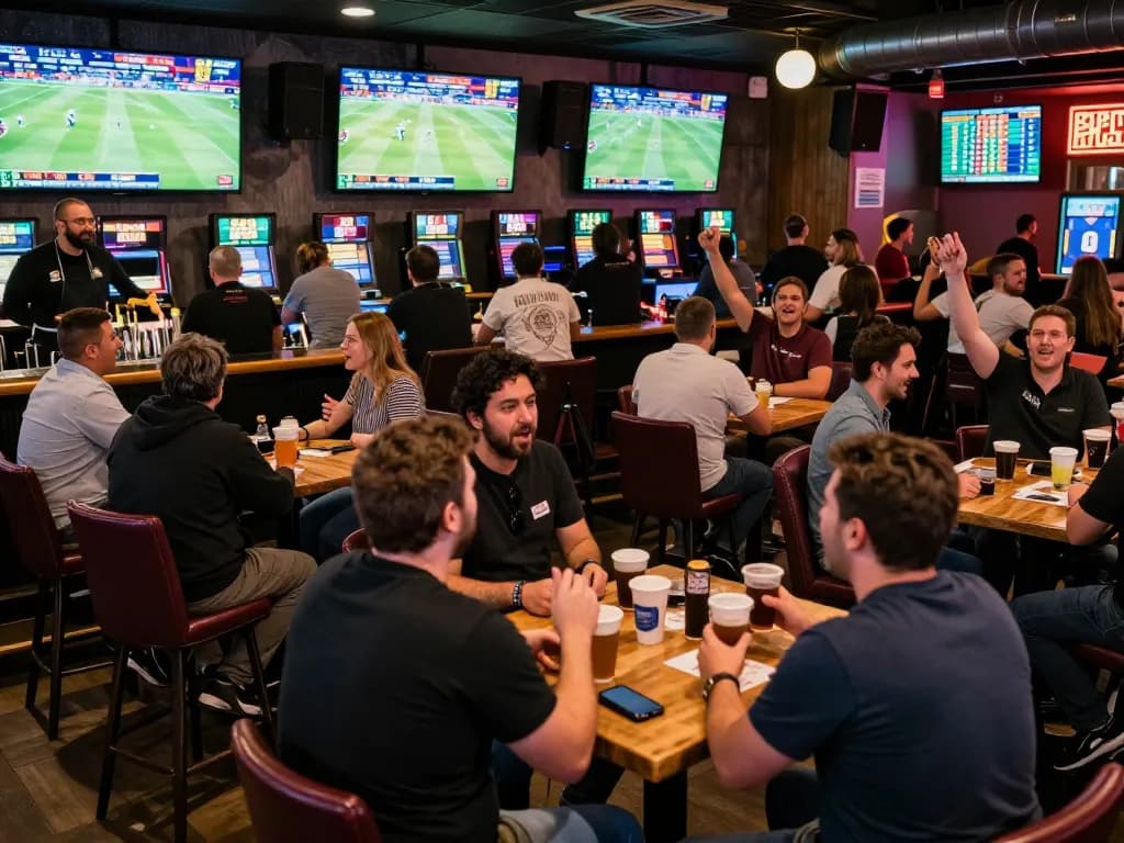 Kèo nhà cái sports betting bar with fans cheering and displaying live odds on screens