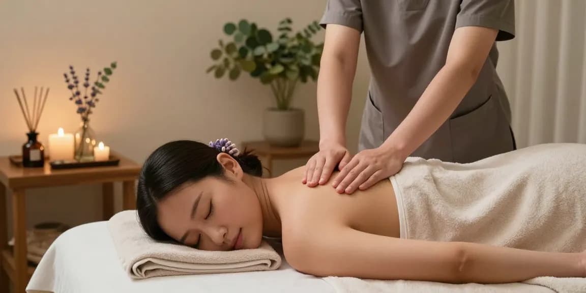 A serene spa scene featuring a skilled therapist providing a 화성출장마사지 in a calming environment with soft lighting and soothing elements.