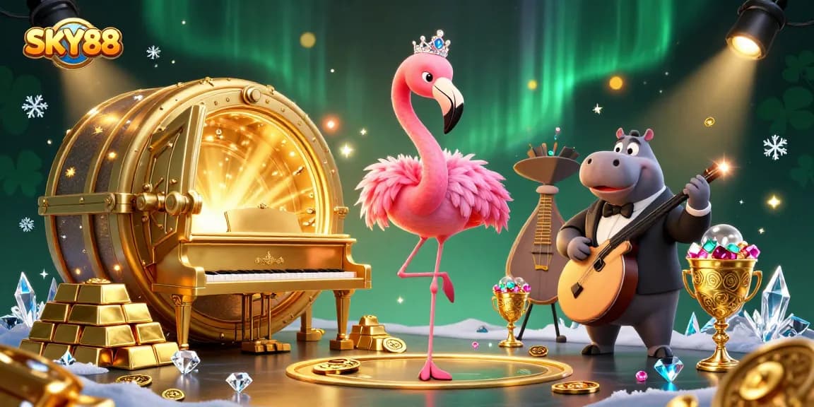 Experience the fun at SKY88 with a vibrant casino scene featuring a flamingo singer and gold treasures.