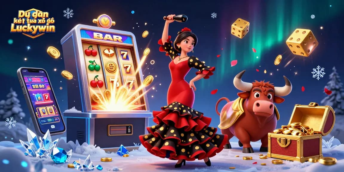 Dự đoán kết quả xổ số Luckywin showcases vibrant casino scene with flamenco dancer and lucky symbols.