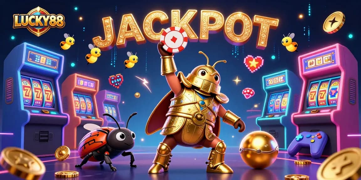Experience the excitement of LUCKY88, where a victorious hercules beetle celebrates a jackpot!