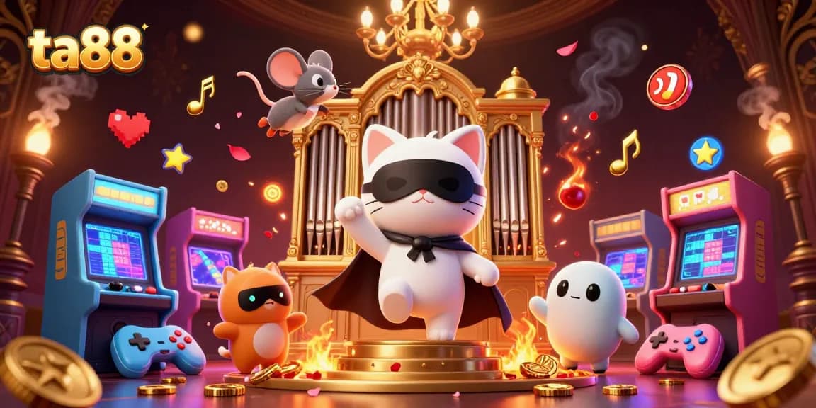 Engage in the lively world of ta88 at a casino, featuring an acrobatic mouse and a phantom cat.