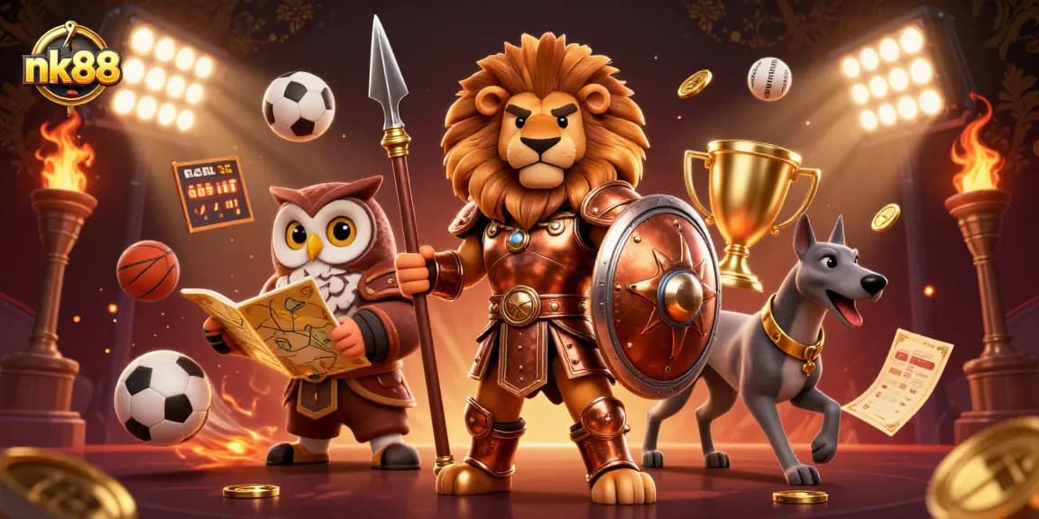 Engage with nk88's thrilling casino experience amidst lively sports elements and strategic characters.