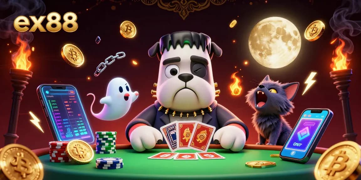 Bet on ex88 with the entertaining Frankenstein bulldog monster and werewolf kitten at a spooky casino table.