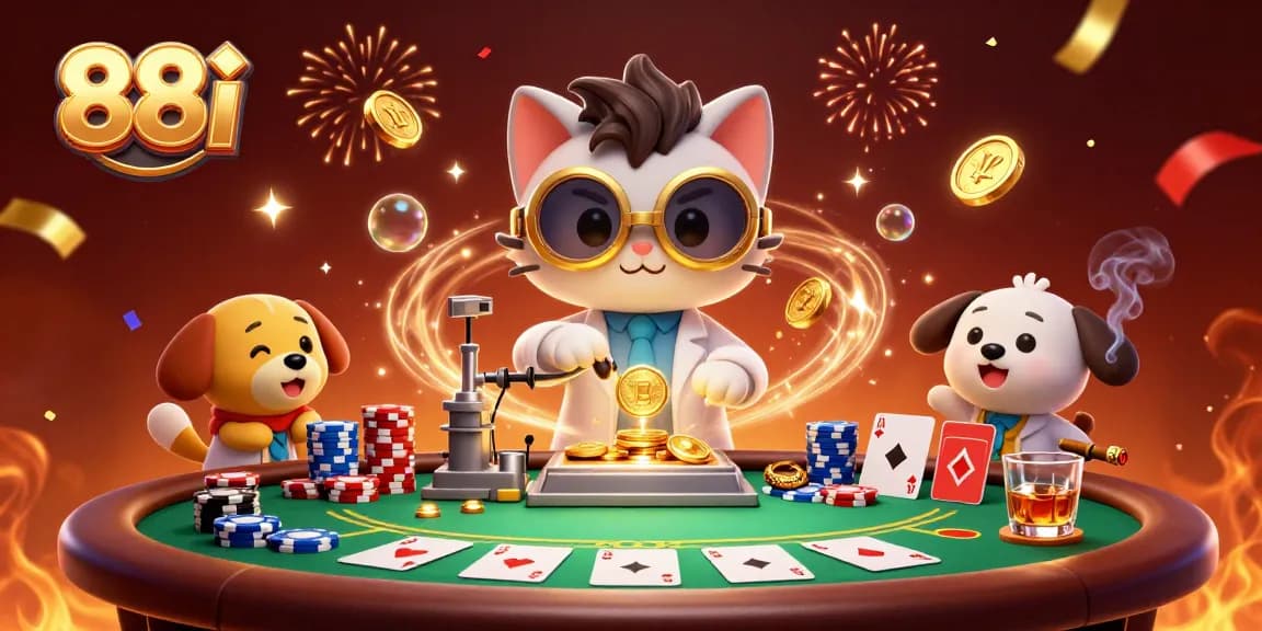 Engage with vibrant 88i casino energy featuring dynamic poker scene and whimsical characters.