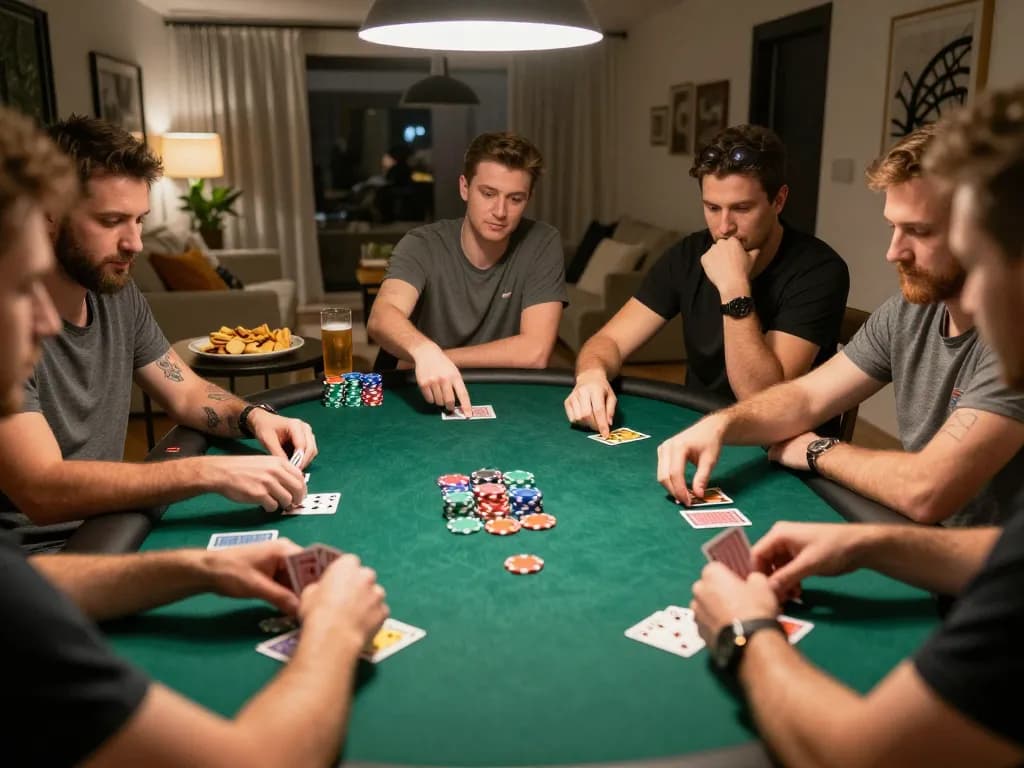 KJC players engaged in strategic poker night, vibrant atmosphere with dynamic gameplay and friendly competition