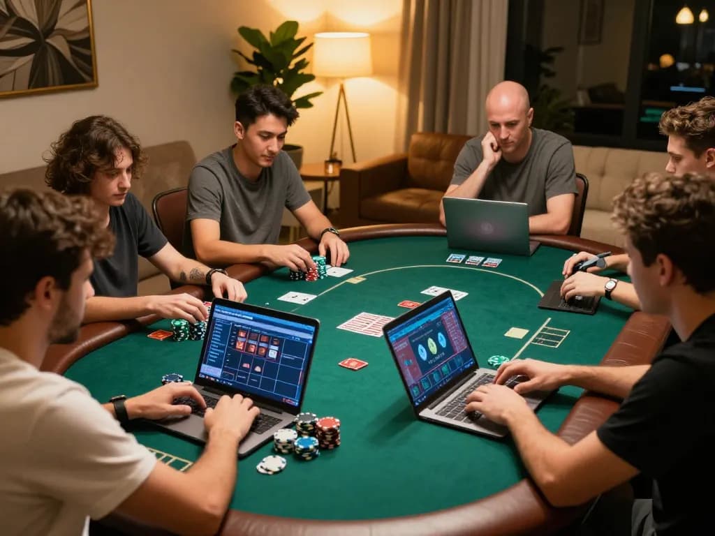 Players enjoying online casino games at home, showcasing the 8kbet16 experience with engaging poker gameplay
