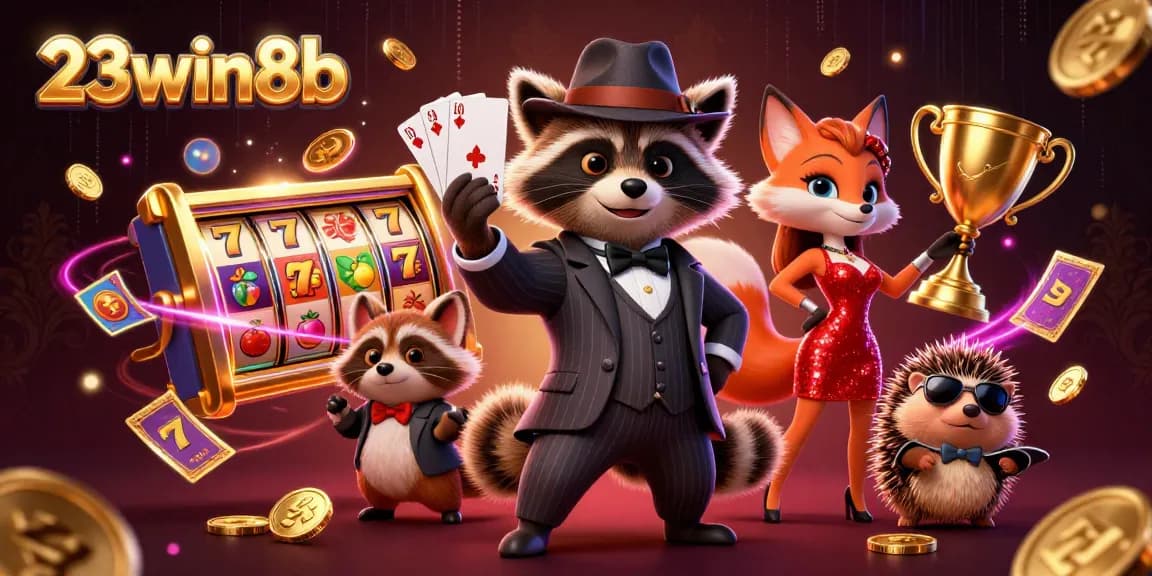 Experience the excitement of 23win8b with a suave raccoon, dazzling fox, and bouncy hedgehog surrounded by dynamic casino elements.