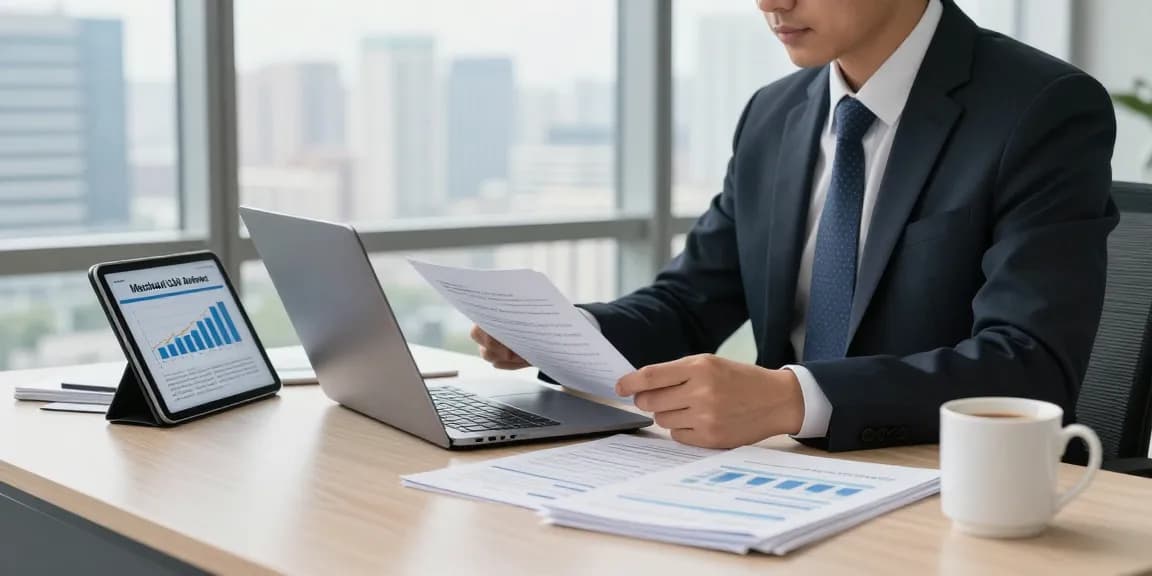Business professional reviewing documents for same day merchant cash advance in modern office.
