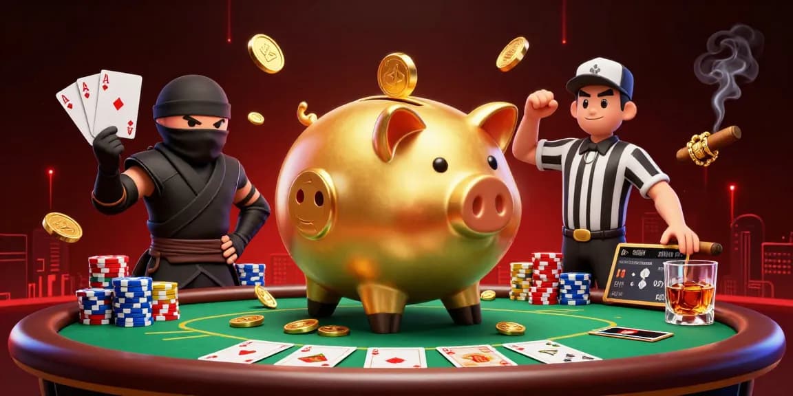 Experience the thrill of dom88a as a golden piggy bank sumo wrestler claims victory over a wallet-ninja in this vibrant casino scene.