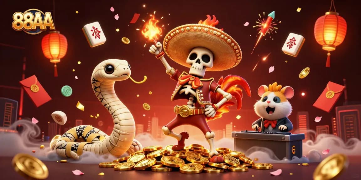 88AA's vibrant, engaging digital illustration showcases a dynamic casino scene filled with golden coins and festive characters.