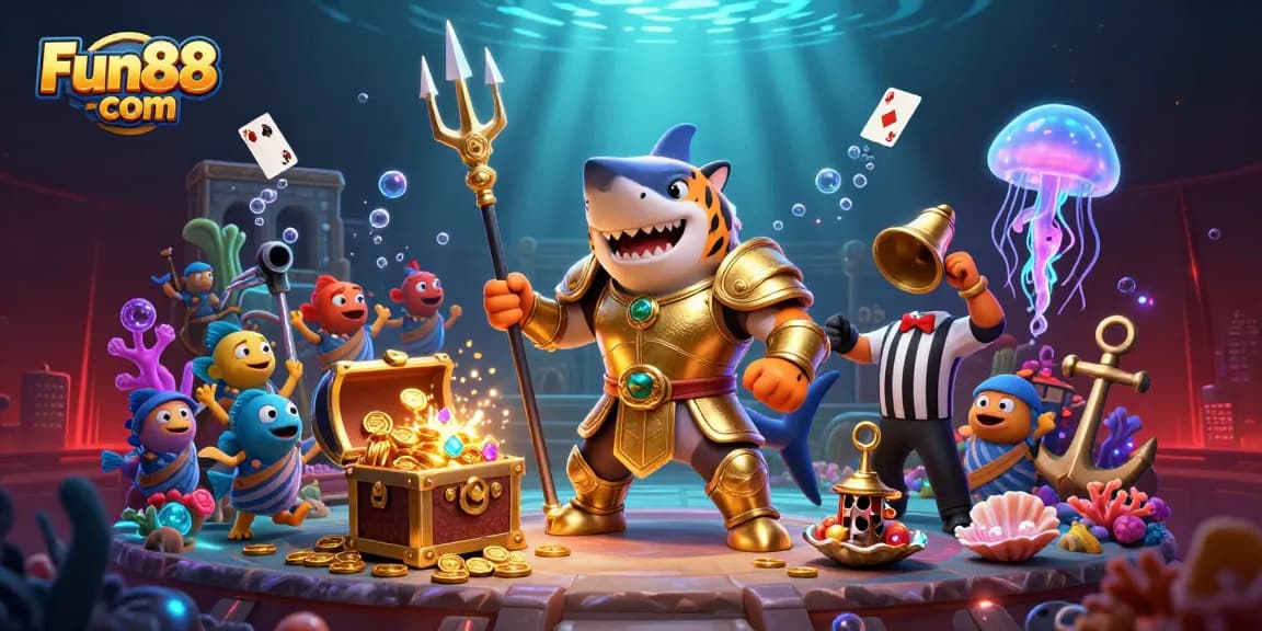 Experience thrilling fun at Fun88 com with a 3D illustration of a tiger shark in a dynamic underwater casino scene.