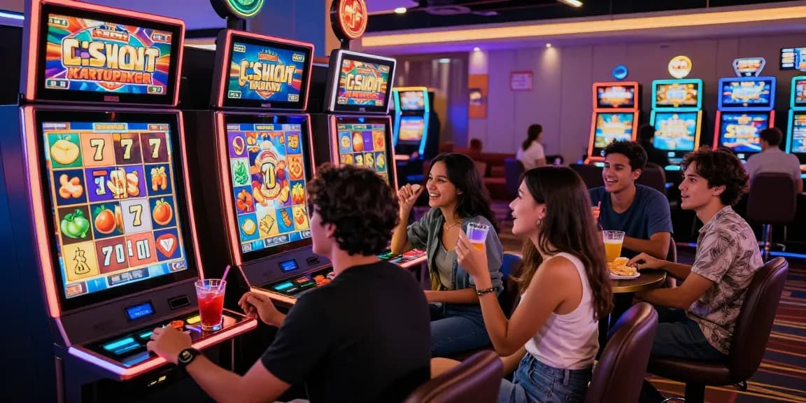 Exciting friends enjoying Link Slot Gacor Kartupoker around modern slot machine in lively casino.
