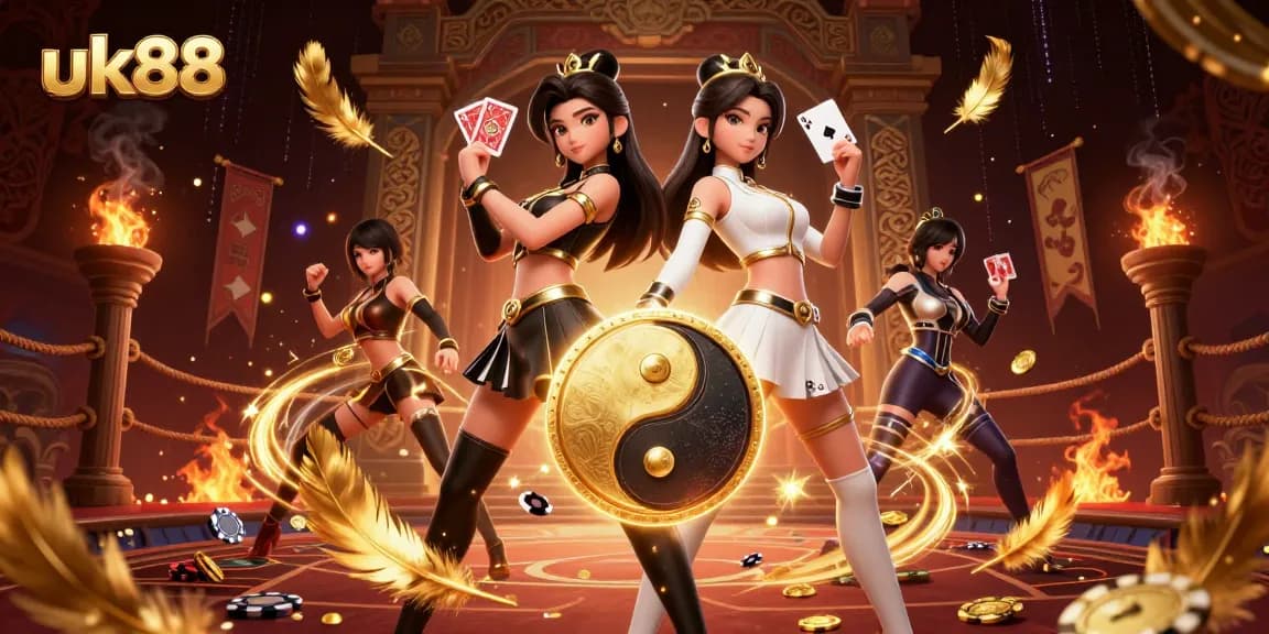 Experience thrilling casino action with uk88 as twin Asian women hold vibrant playing cards in a stunning 3D illustration.