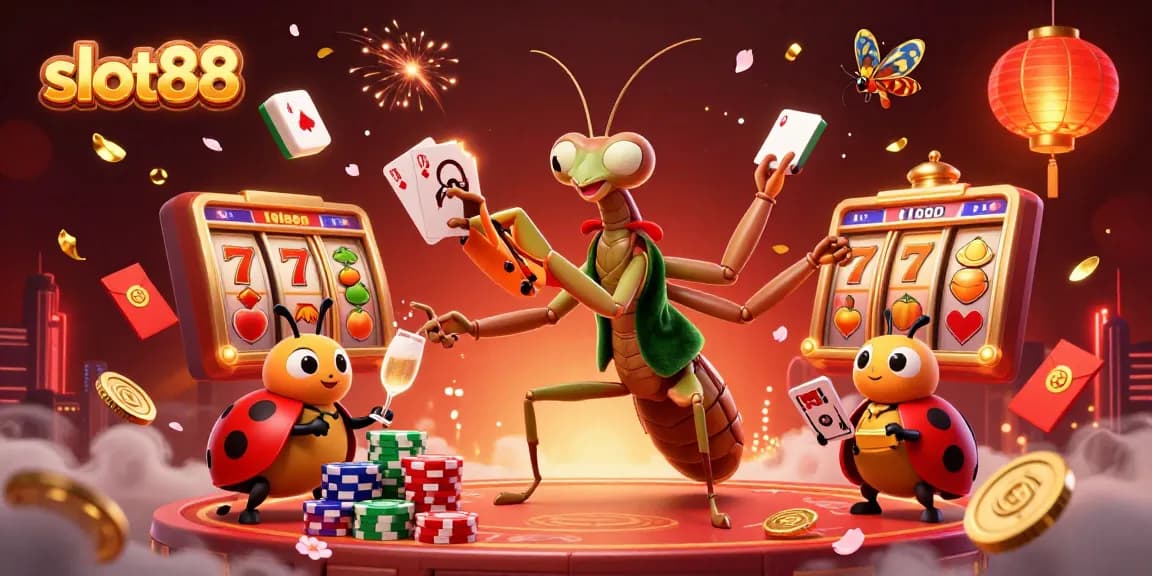 Play engaging and dynamic slot88 games with vibrant characters and exciting elements in a colorful casino scene.