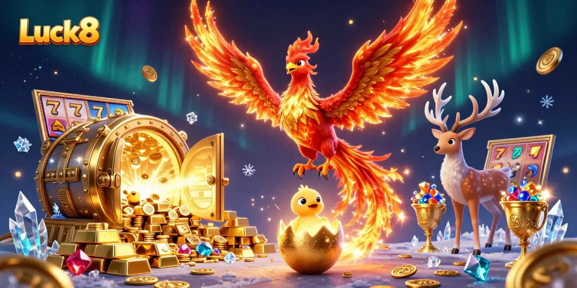 Experience thrilling wins with Luck8 in this vibrant casino-themed 3D illustration depicting rich game elements.