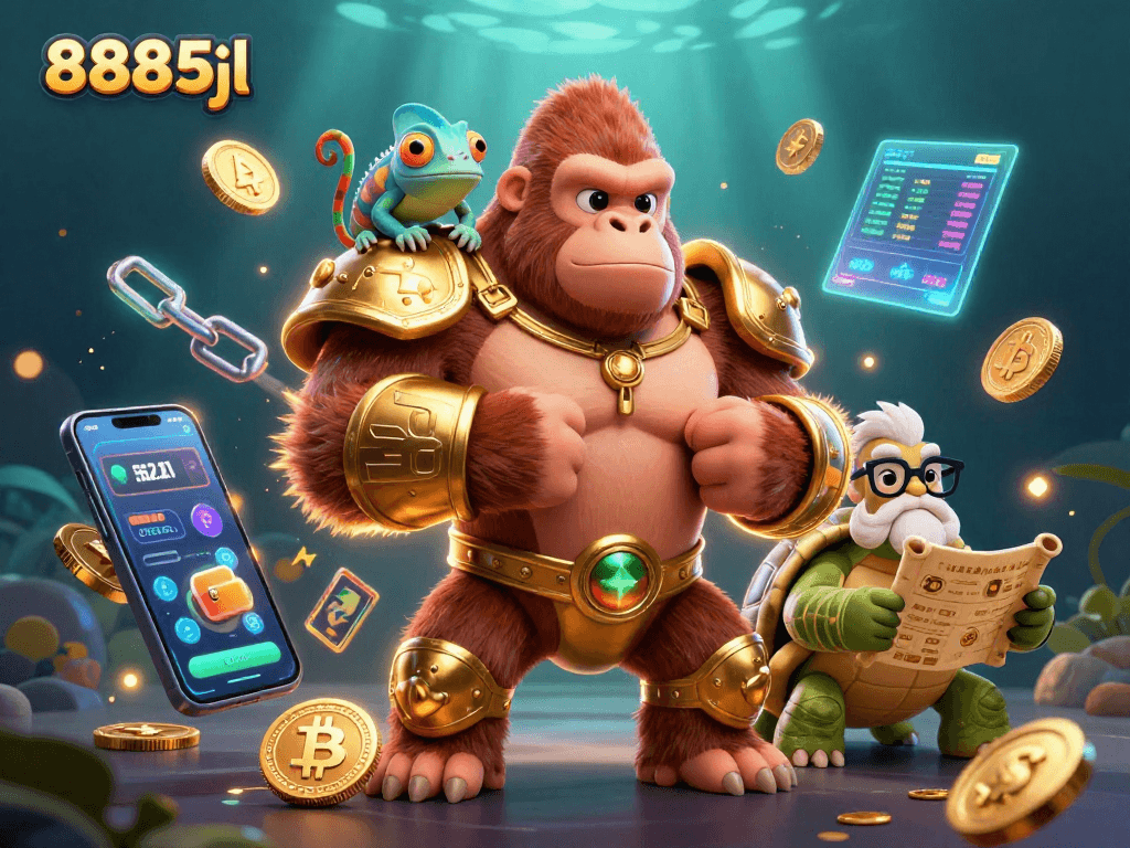 Engage with 8885jl’s vibrant 3D casino scene featuring a gorilla king, playful chameleon, and wise tortoise.
