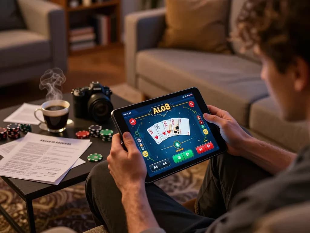 Engaging poker gameplay on ALO8 app, showcasing a player strategizing with notes and coffee