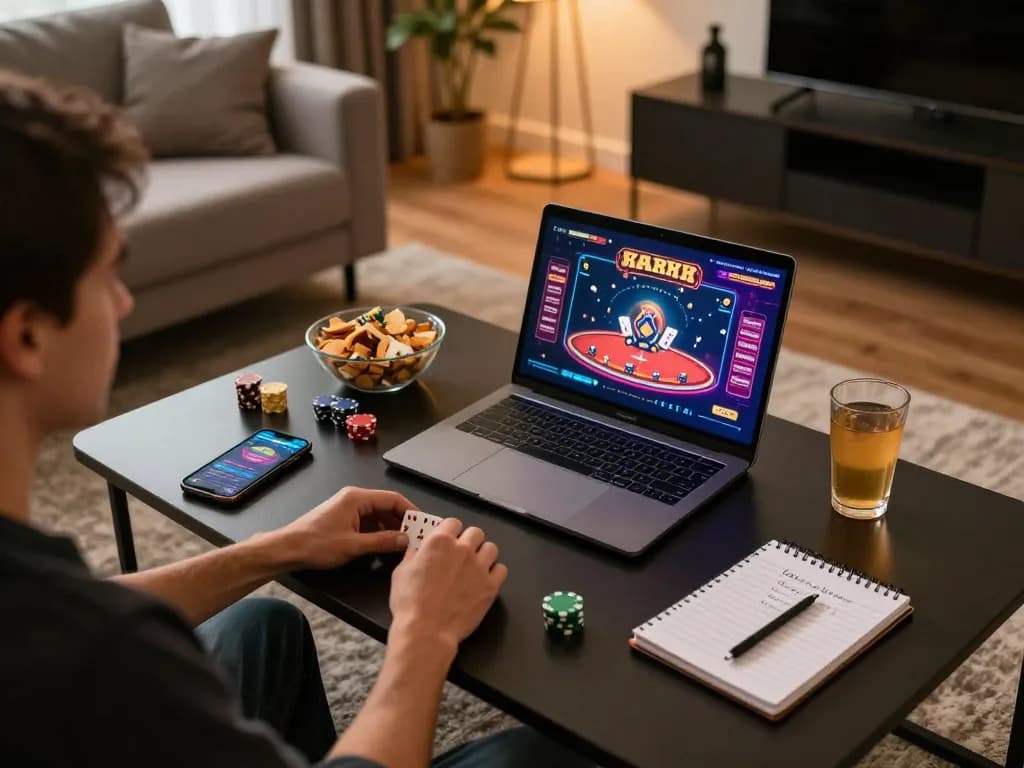 Engaged in online gaming at home with sunwin, showcasing a cozy, strategic setup for poker play.