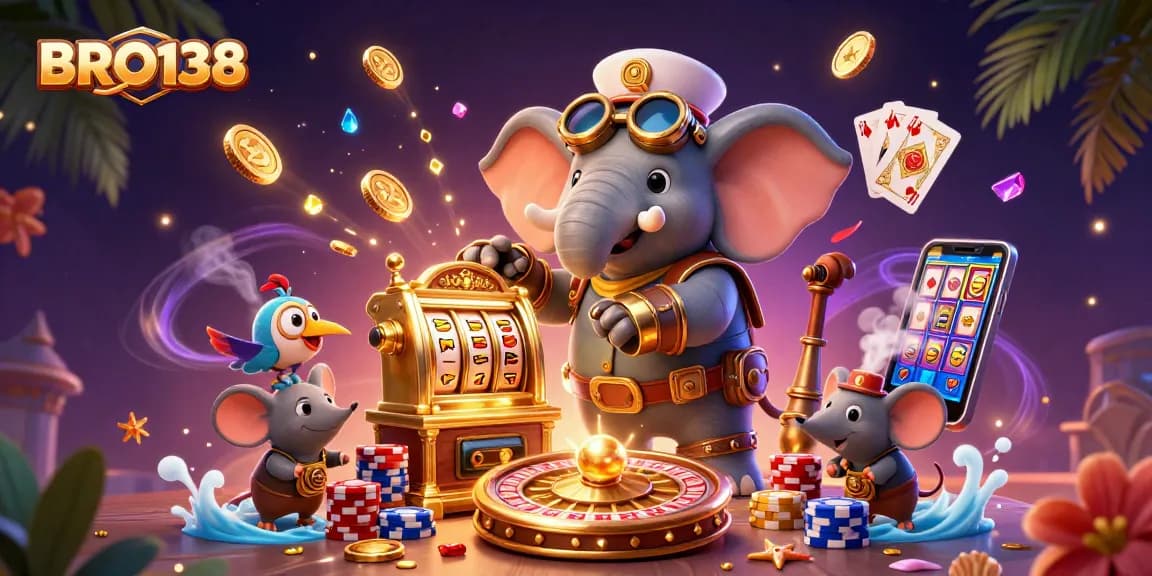 BRO138 captures winning moments with a whimsical 3D elephant engineer at a dynamic slot machine.