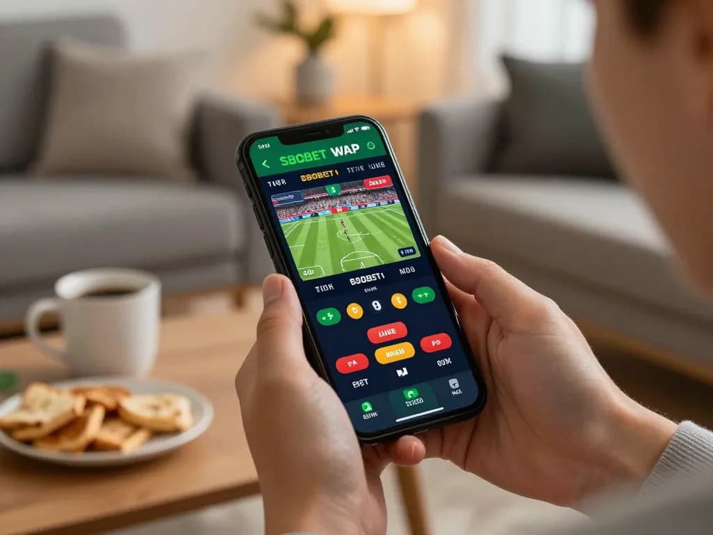 Engage in sports betting using SBOBET WAP app on smartphone in a cozy living room setting.