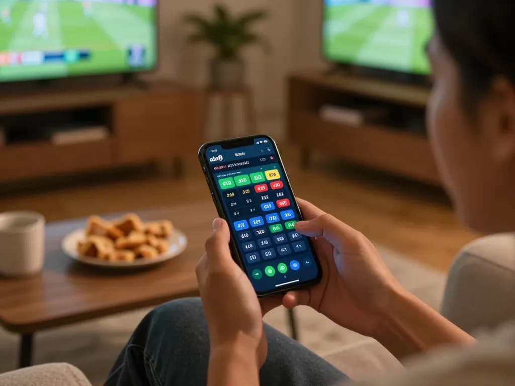 Betting on the abc8 app during a live sports event in a cozy home setting.