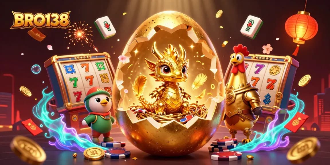 Experience thrilling gameplay at BRO138 with golden dragon guarding poker chips and vivid slot reels.