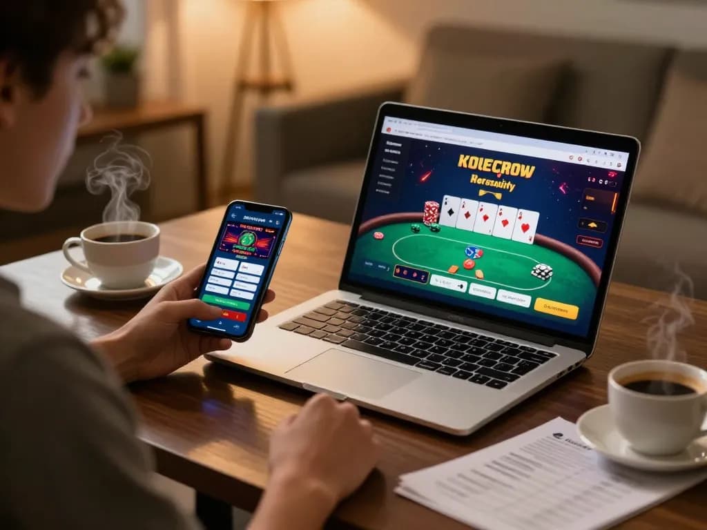 Player engaged in online poker at home using hay88x app on laptop and smartphone with strategy notes.