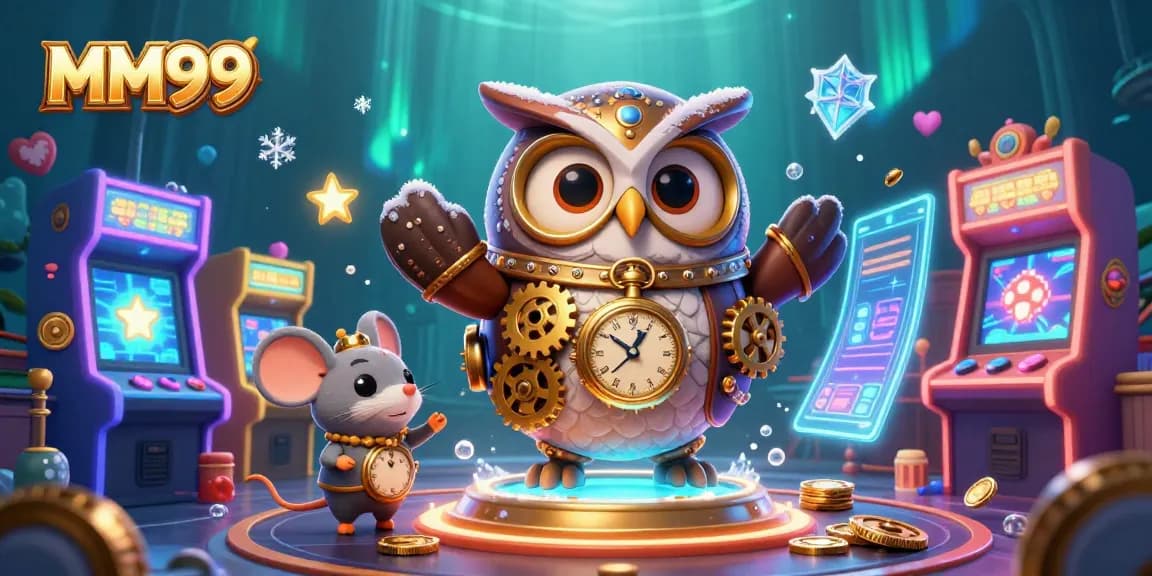 Experience the vibrant world of MM99 with a stunning 3D illustration of a steampunk owl and casino elements.
