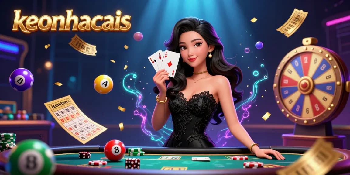 Experience the excitement of keonhacais with a captivating casino scene featuring an elegant Asian woman and dynamic game elements.