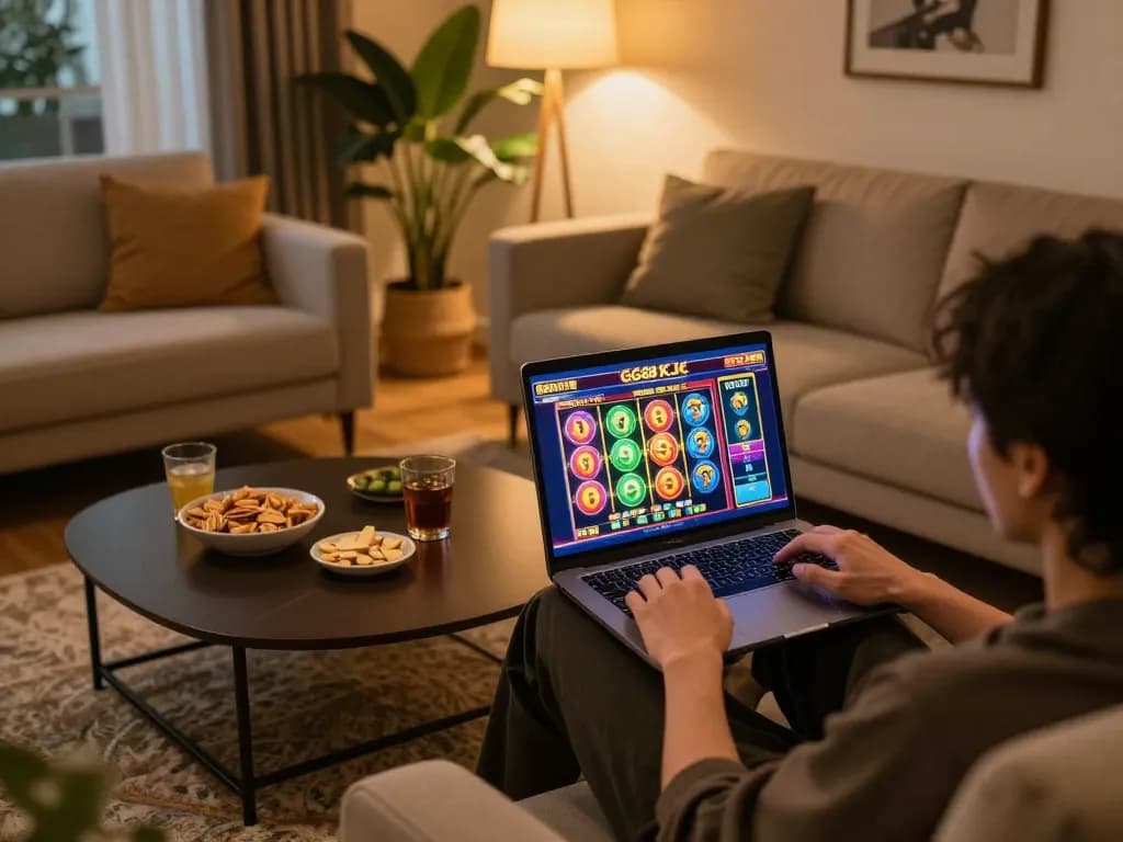Engaged player enjoying GG88 KJC online casino games on a laptop in a cozy living room.