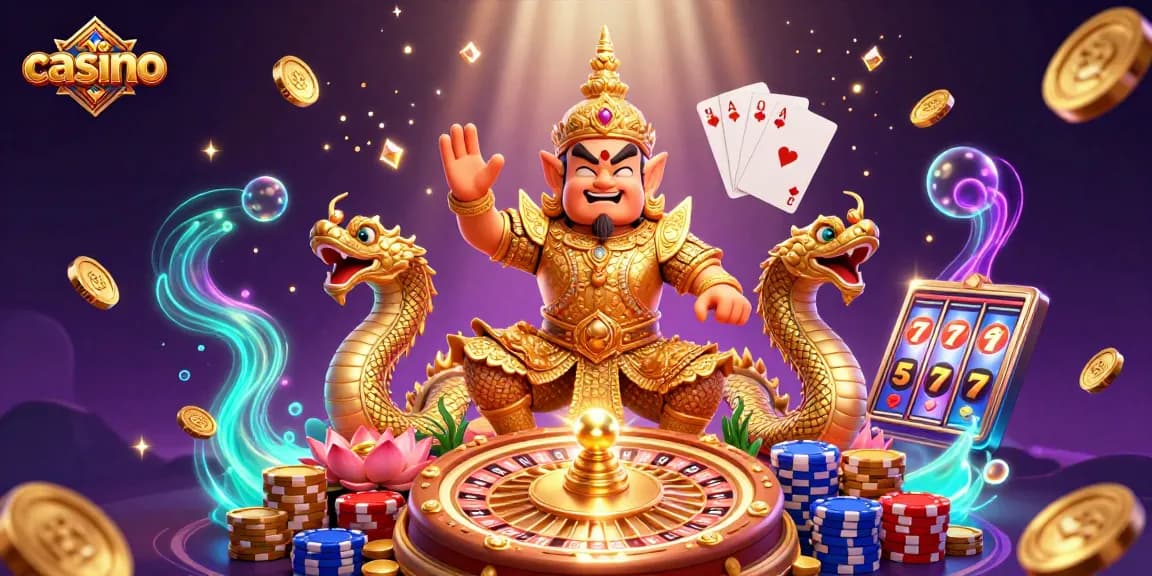 Engage in casino excitement with a vibrant 3D scene featuring a Thai guardian and dazzling game elements.
