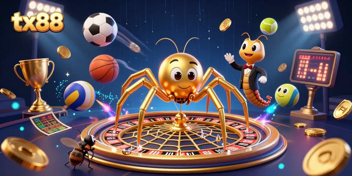 Experience thrilling bets at tx88 with a golden spider spinning a roulette web and dynamic sports elements.