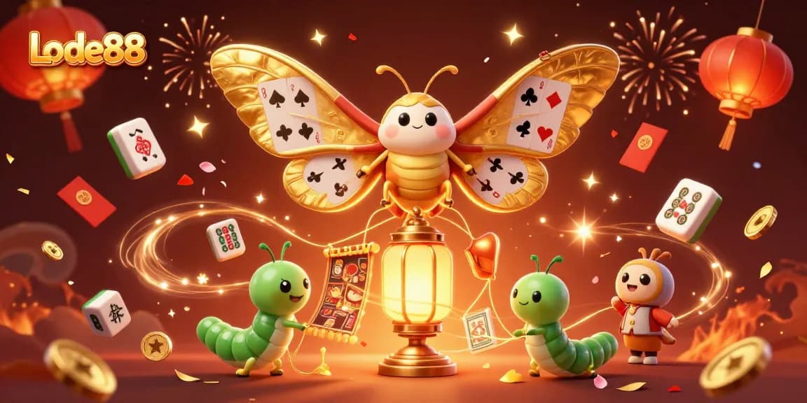 Lode88 celebrates with a vibrant scene of a 3D atlas moth and casino-themed elements