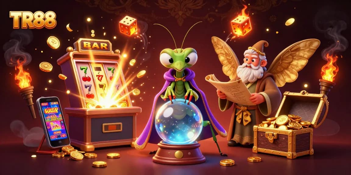 Engage with TR88's vibrant gaming world featuring a cartoon mantis fortune teller and colorful jackpot scene.
