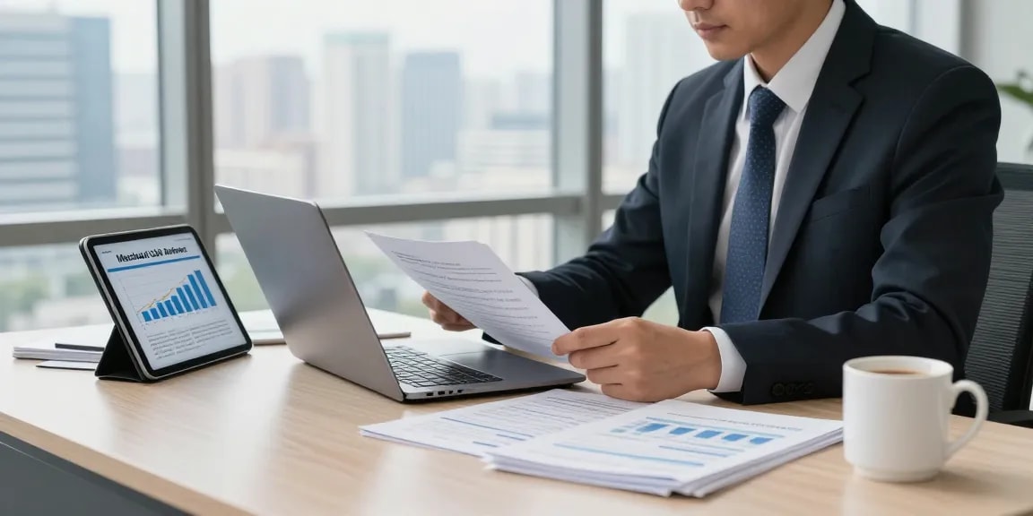 Business professional reviewing documents for same day merchant cash advance in modern office.