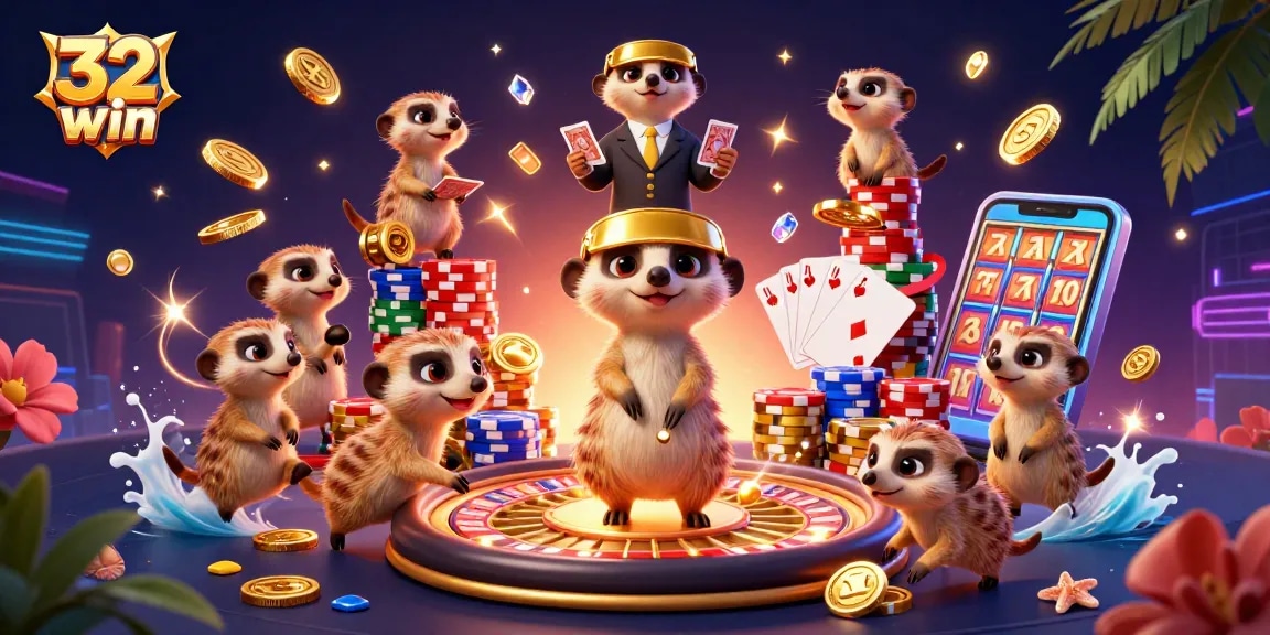 Experience thrilling gameplay at 32win with meerkats operating a vibrant casino environment featuring various gaming elements.